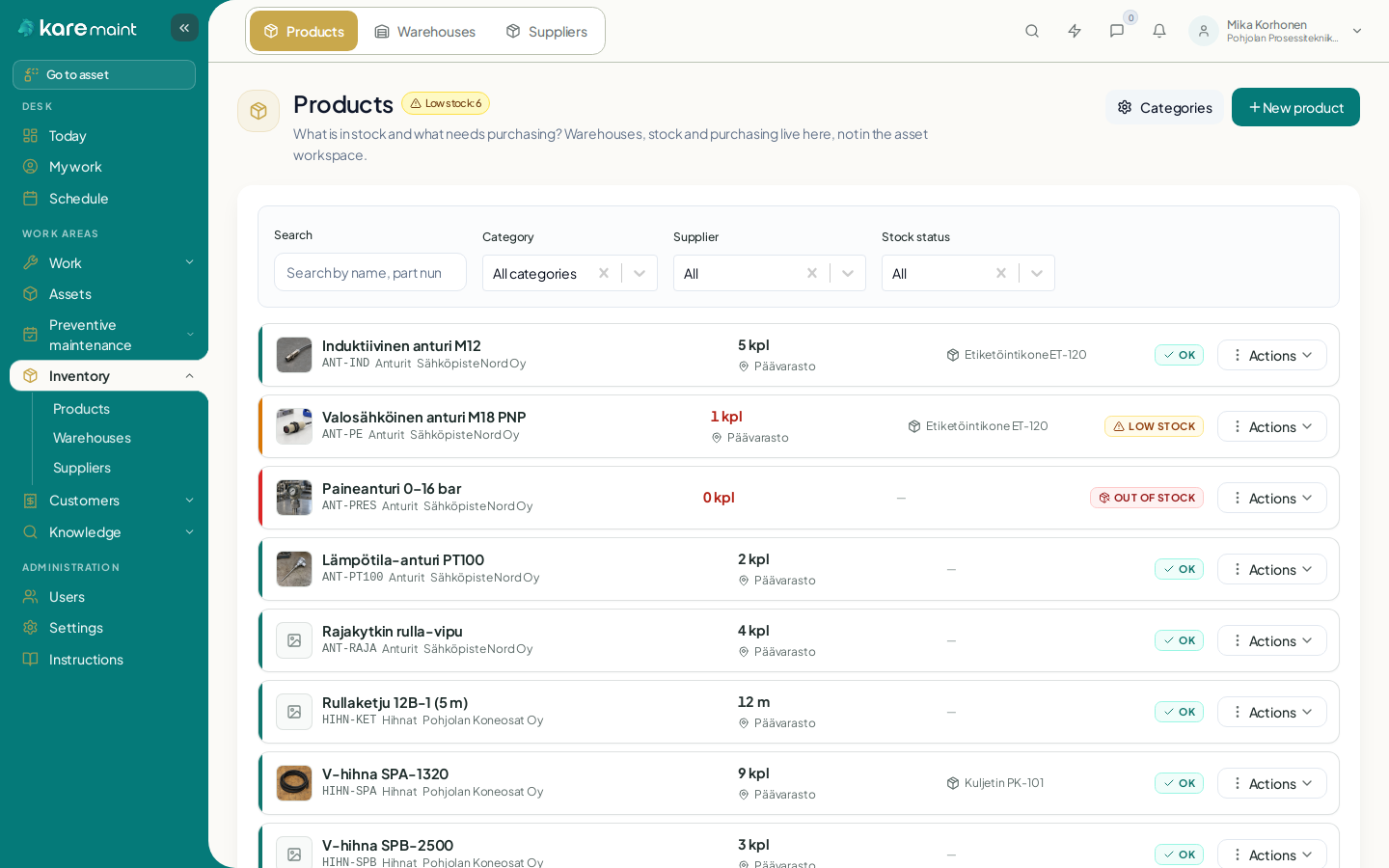 Kare Maint — product register, stock levels and spare-part images